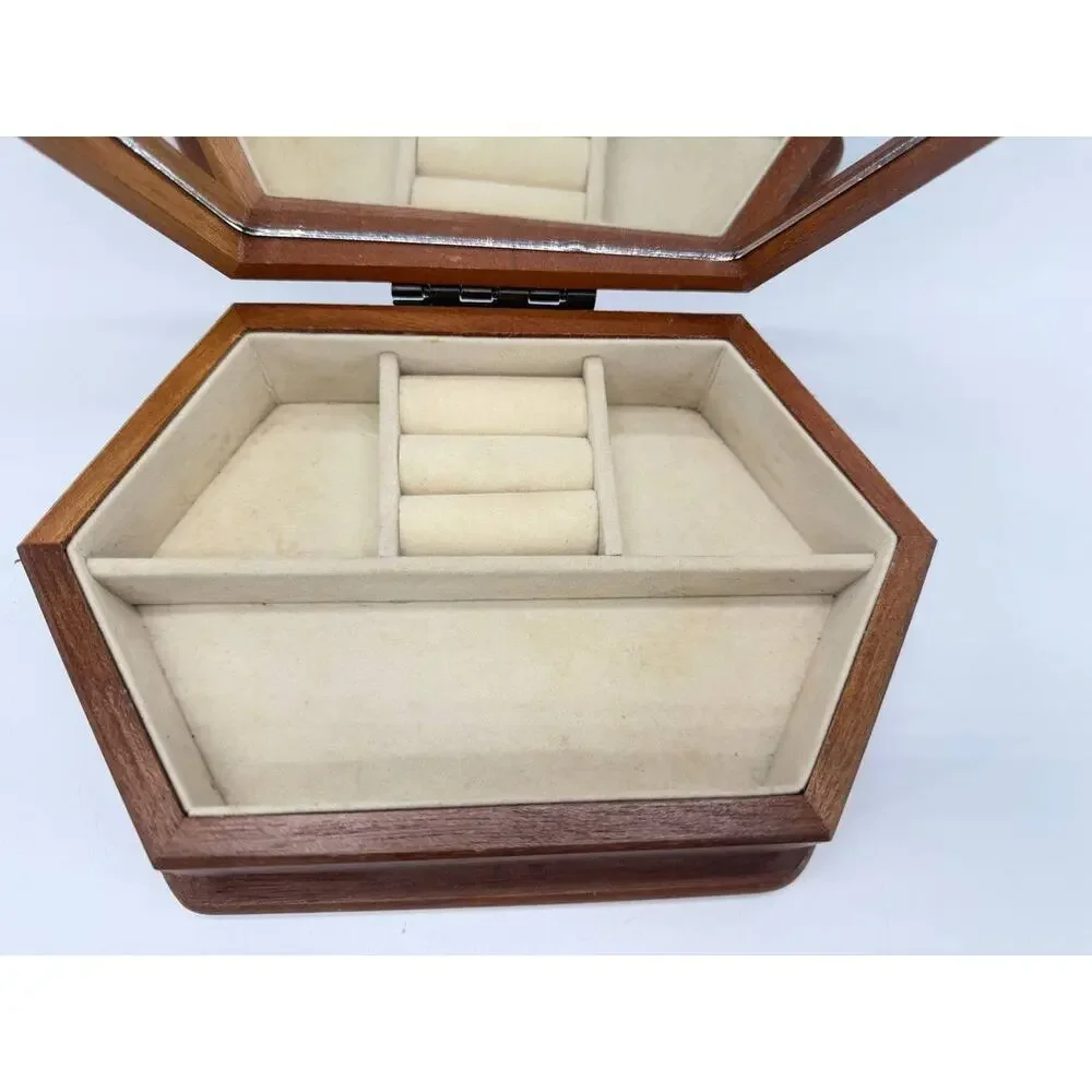 Vintage Wooden Jewelry Box Floral Fabric Lid Mirror Ring Storage Organizer